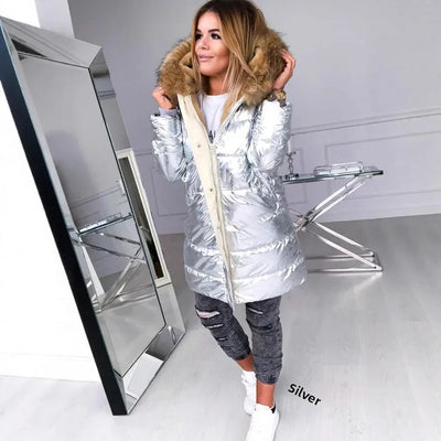 Warm Fleece Lined Slim Fit Women's Cotton Jacket Winter Thickened Casual Style Zipper Inner Core Pure Color Shiny Quilted Coat
