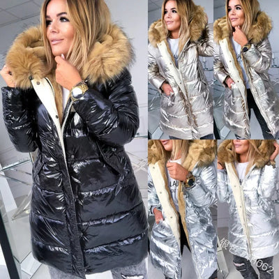 Warm Fleece Lined Slim Fit Women's Cotton Jacket Winter Thickened Casual Style Zipper Inner Core Pure Color Shiny Quilted Coat