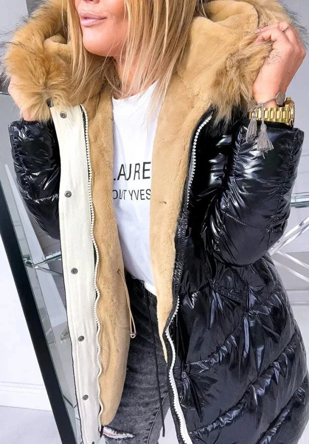 Warm Fleece Lined Slim Fit Women's Cotton Jacket Winter Thickened Casual Style Zipper Inner Core Pure Color Shiny Quilted Coat