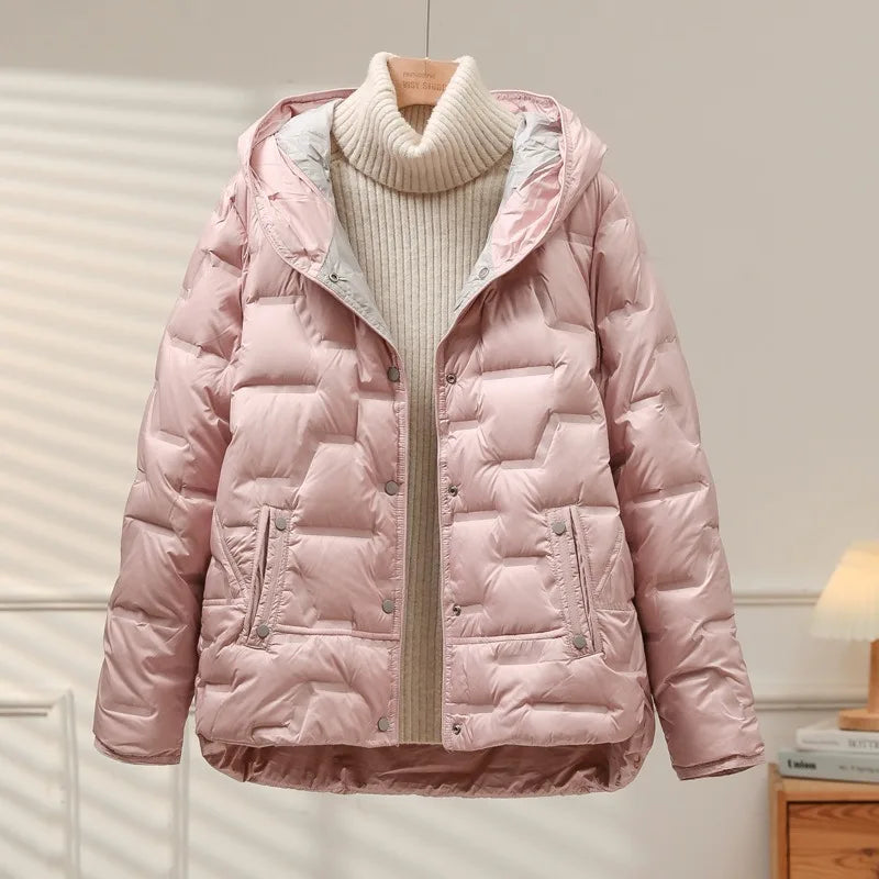 White Duck Down Coat 2024 New Autumn Winter Women Casual Hooded Single Breasted Jacket Fashion Light Puffer Parka Outwear