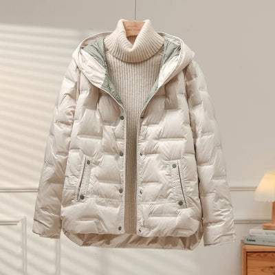 White Duck Down Coat 2024 New Autumn Winter Women Casual Hooded Single Breasted Jacket Fashion Light Puffer Parka Outwear