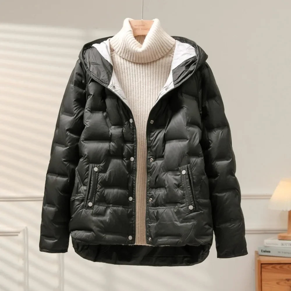 White Duck Down Coat 2024 New Autumn Winter Women Casual Hooded Single Breasted Jacket Fashion Light Puffer Parka Outwear