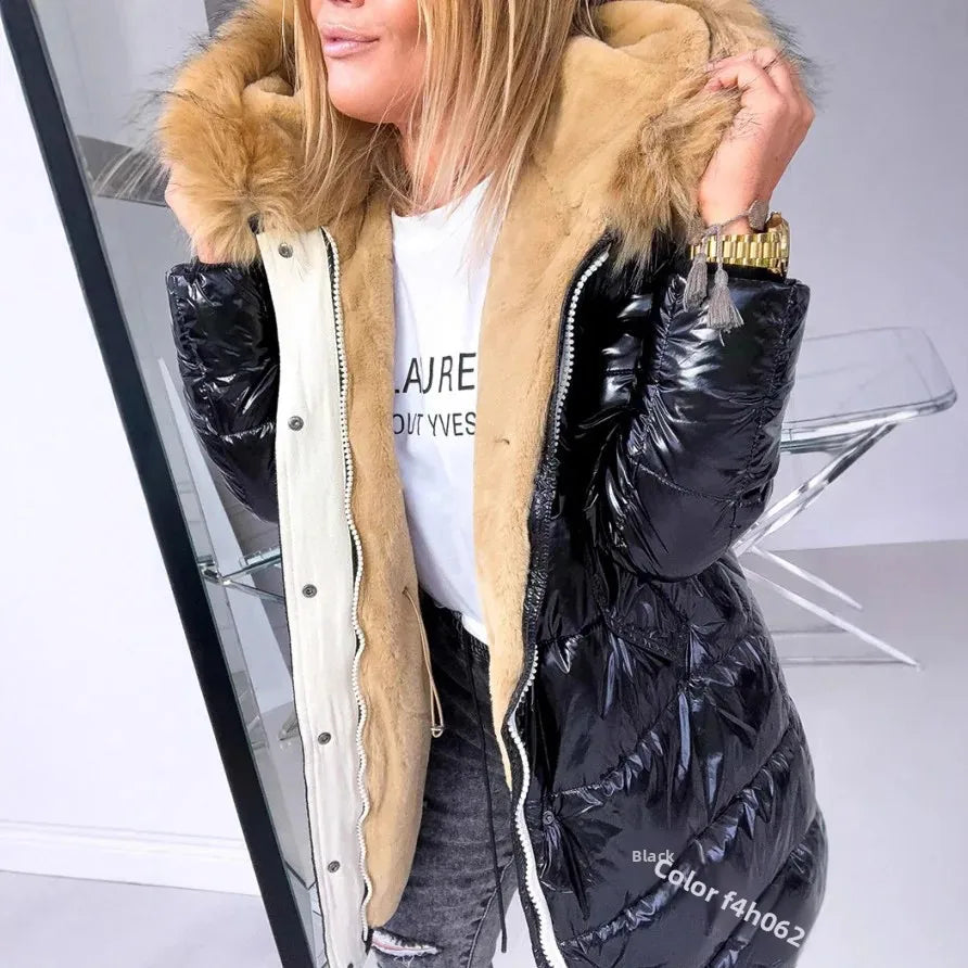 Warm Fleece Lined Slim Fit Women's Cotton Jacket Winter Thickened Casual Style Zipper Inner Core Pure Color Shiny Quilted Coat