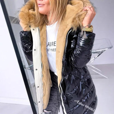 Warm Fleece Lined Slim Fit Women's Cotton Jacket Winter Thickened Casual Style Zipper Inner Core Pure Color Shiny Quilted Coat