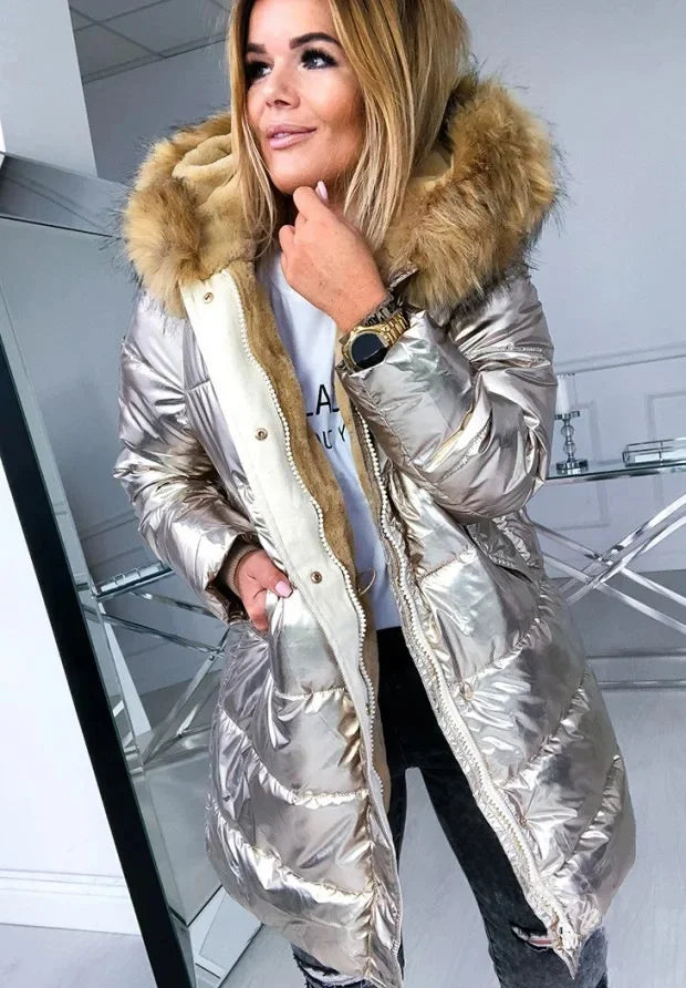 Warm Fleece Lined Slim Fit Women's Cotton Jacket Winter Thickened Casual Style Zipper Inner Core Pure Color Shiny Quilted Coat