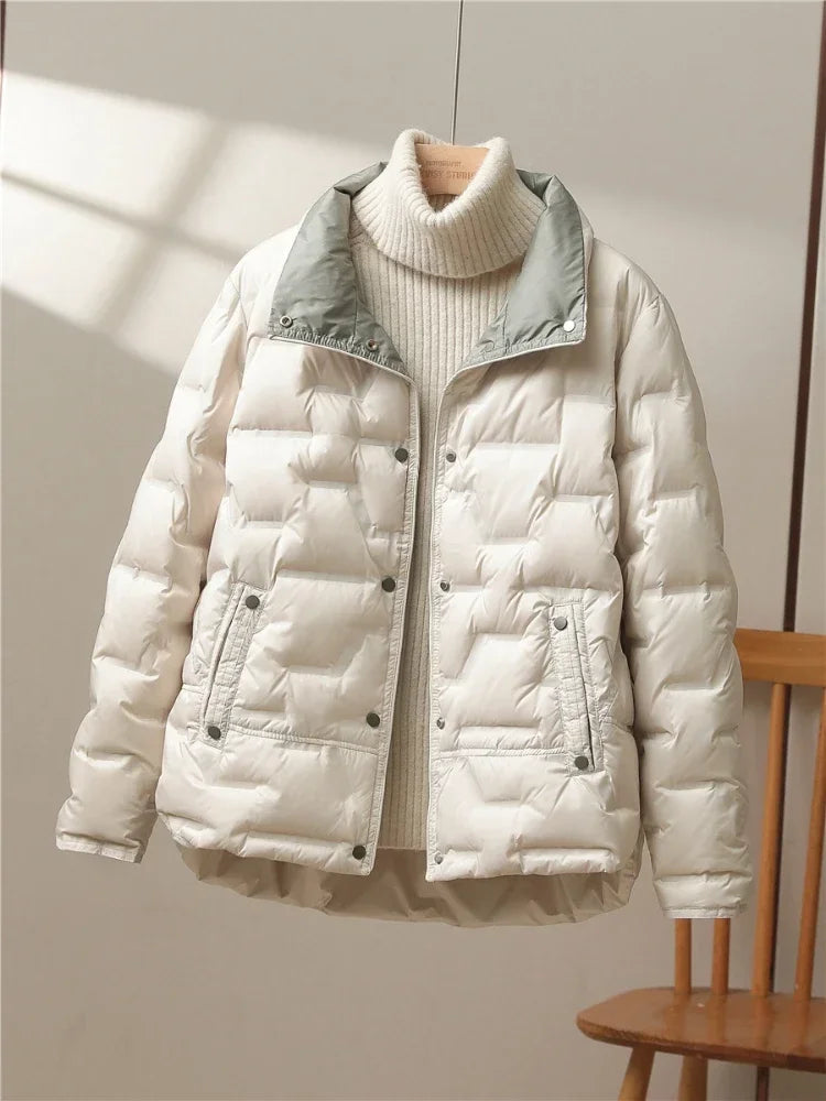 White Duck Down Coat 2024 New Autumn Winter Women Casual Hooded Single Breasted Jacket Fashion Light Puffer Parka Outwear