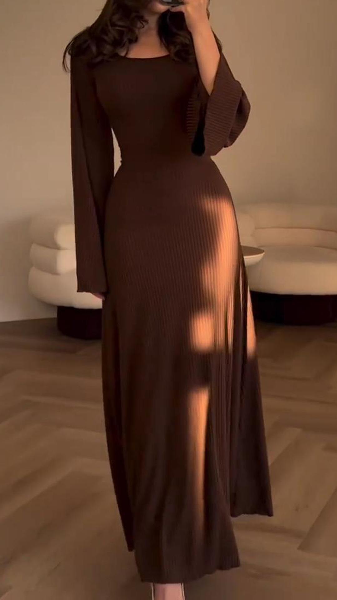 Isabella™️ – luźna długa sukienka z rozcięciem i długim rękawem